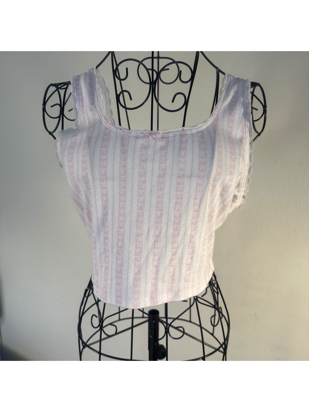 Cute Coquette Bow Striped Baby Pink and White Cropped Tank